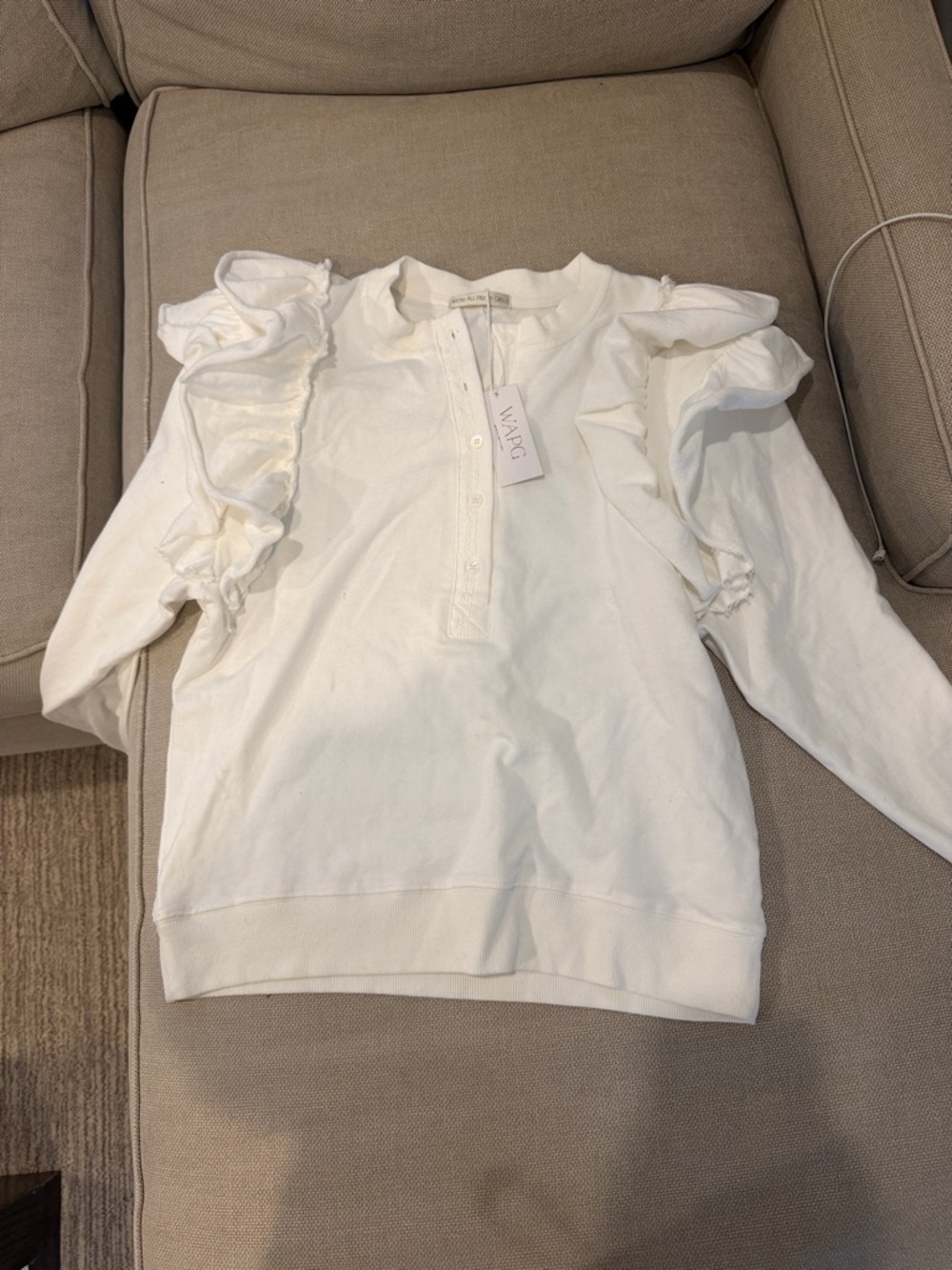 ARQ White Ruffle-Shoulder Pullover Henley Hoodie